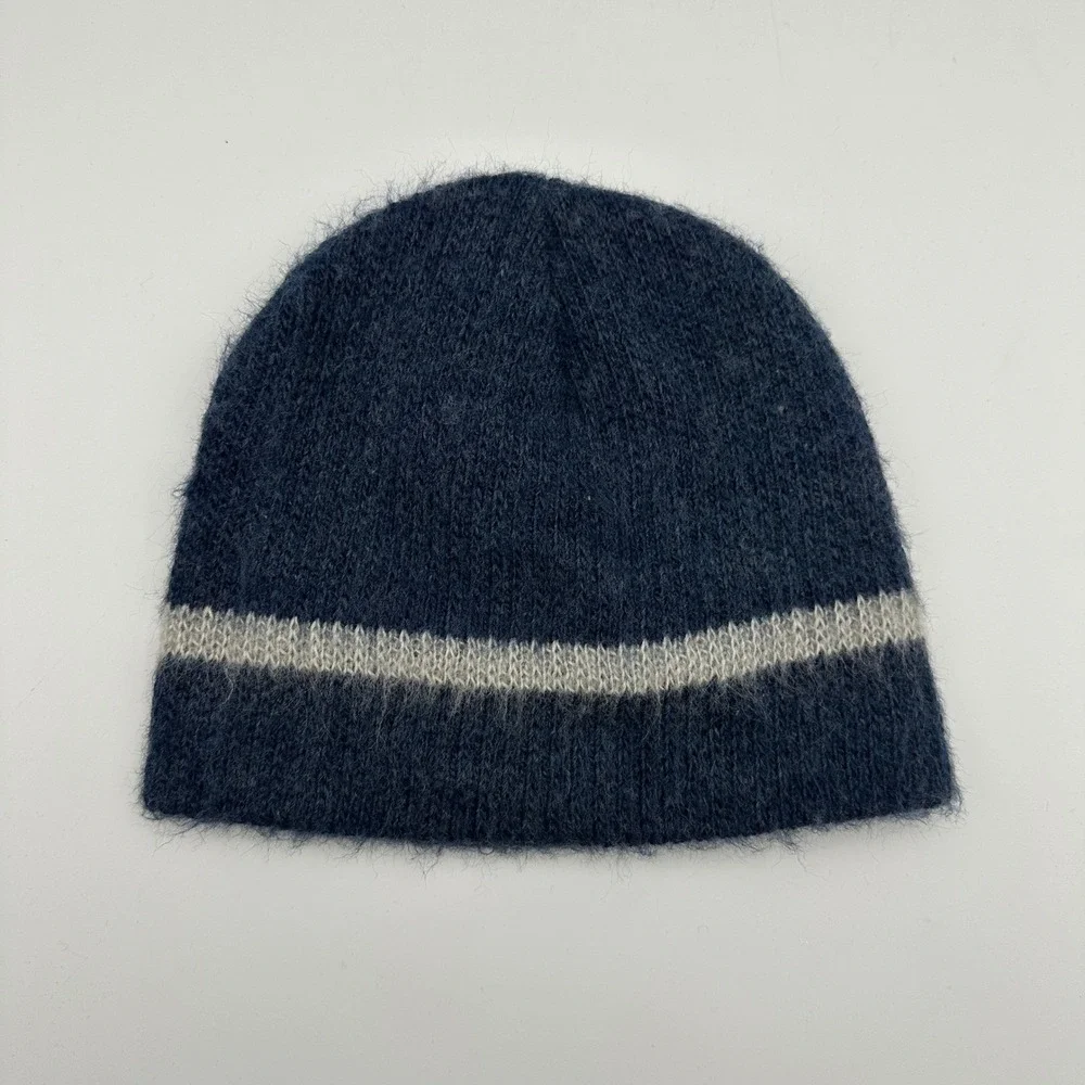 Vtg Wigwam Mohair Wool Blend Beanie Hat‎ Unisex OS Blue Striped Knit USA Retro